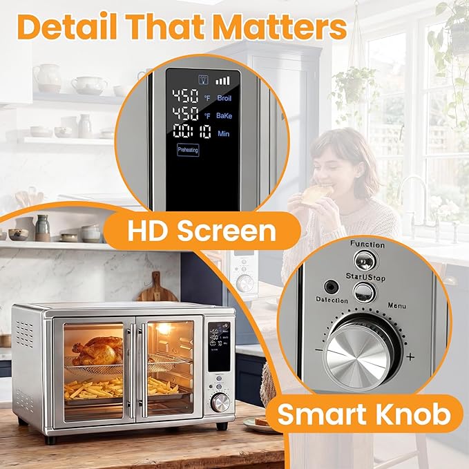 NEWBULIG 30QT Smart Air Fryer Toaster Oven Combo, 13-in-1 Double-Door Airfryer Oven, 0-450°F Temperature Control, 0-250°F Probe Control, Rotisserie & Mesh Basket, Professional Home Cooking