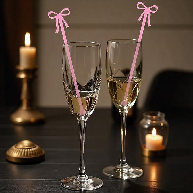 20PCS Drink Stirrers Cocktail - Shimmeroo Pink Bow Acrylic Drink Stirrers, 6 Inch Long Reusable Plastic Stirrer for Wedding Birthday Bridal Bachelorette Party Supplies Cupcake Decorations