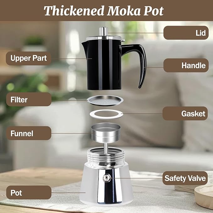 12 Cup Thickened Moka Pot 304 Stainless Steel 600ml Italian Espresso Coffee Maker Stovetop CoffeeMakers Mocha Pot Percolator for Induction Stove Classic Cafe Makers Portable for Easy Brewing