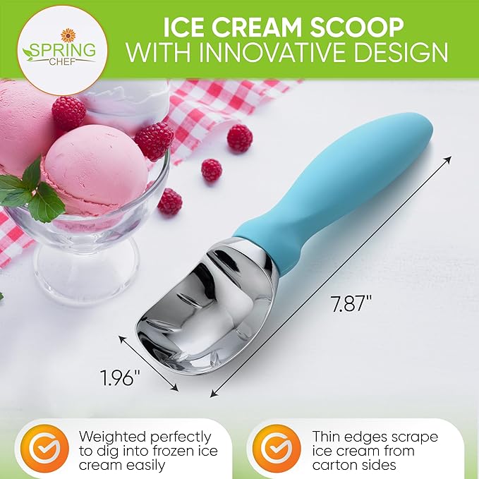 Spring Chef Heavy Duty Premium Ice Cream Scoops with Soft Grip Handle, Metal Ice Cream Scooper for Cookie Dough, Frozen Yogurt, Gelato, Sorbet, Sundae, Melon - Dishwasher Safe - 2 Pack - Aqua Sky
