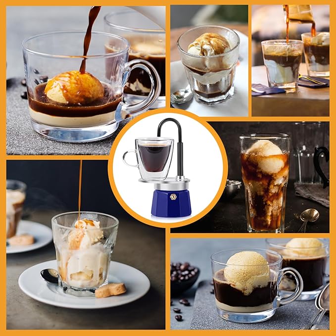 MVPLUE-Mini Express Swiss Single Tube Moka Pot Aluminum Blue，Moka Set includes One Double Wall 3oz Cup,Enjoy delicious coffee in no time
