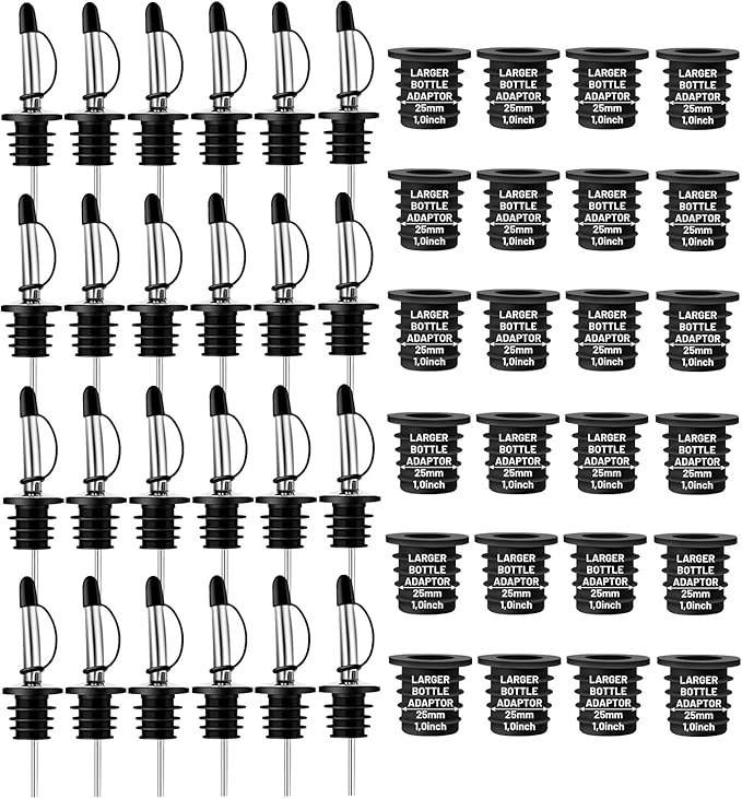 24-Pack Liquor Bottle Pourers with Adapters, Liquor Pour Spout Adapters set for for Large Olive Oil Bottles and Liquor Bottles - Up to 1 Inch/25mm Neck Converts Spout into a Large Pour Spout,Sliver