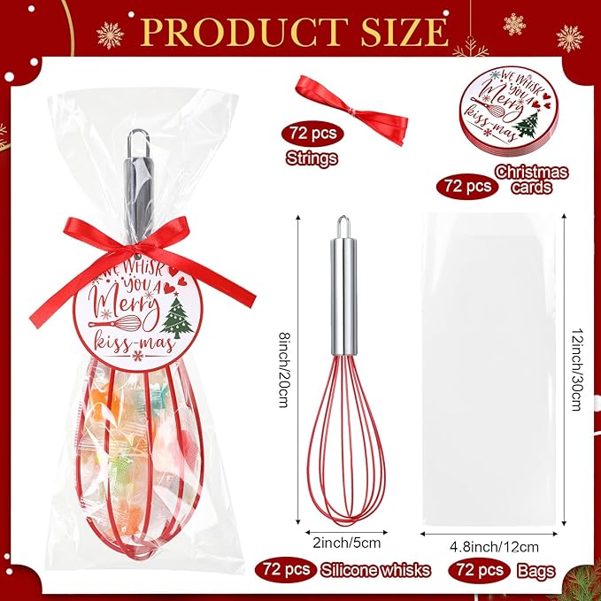 72 Sets 8 Inch Christmas Whisks Gifts DIY Fillable Christmas Tree Ornaments Xmas Colored Silicone Whisks for Cooking Heat Resistant Egg Beaters with Card Rope Bag for Candy Holder
