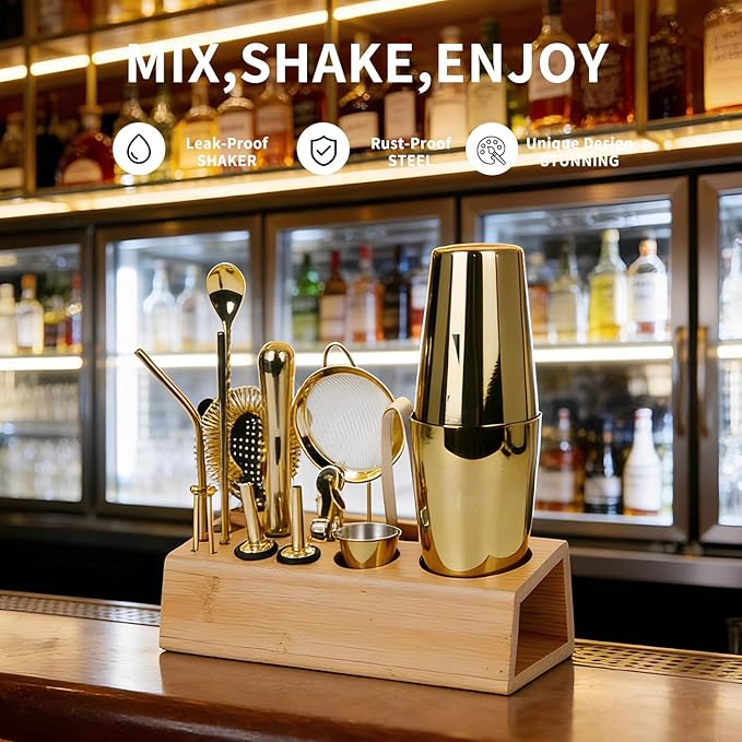 Cocktail Shaker Set Bartender Kit with Bamboo Stand, 15-Piece Stainless Steel Bar Set Accessories, Professional Bartending Kit Home Bar Tools Set with Recipes (Gold, Natural Wood Stand)