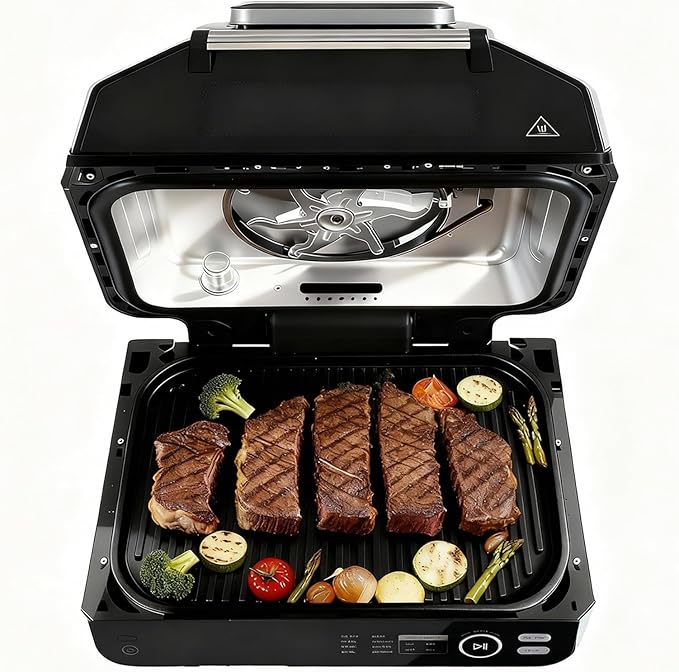 NEWBULIG Electric Grill Outdoor, Electric 8-in-1 BBQ Grills with Air Fryer, Roast, Steak, Broil, Bake, Vegetables, Reheat, Dehydrate, 140°F-450°F, 1550W, for Barbecue, Camping Gatherings