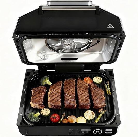 NEWBULIG Electric Grill Outdoor, Electric 8-in-1 BBQ Grills with Air Fryer, Roast, Steak, Broil, Bake, Vegetables, Reheat, Dehydrate, 140°F-450°F, 1550W, for Barbecue, Camping Gatherings