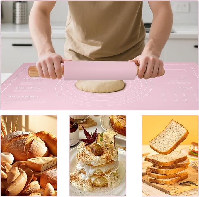 Silicone Rolling Pin for Baking,15inch Pastry Dough Roller with Wooden Handle Non Stick Surface Rolling Pin for Dough Fondant Cookie Pastry Tapered Dumpling Baking Supplies (pink)