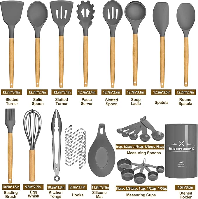 Umite Chef Kitchen Cooking Utensils Set, 33 pcs Non-stick Silicone Spatula Set with Holder, Woodle Handle Heat Resistant Gadgets Utensil (Gray)