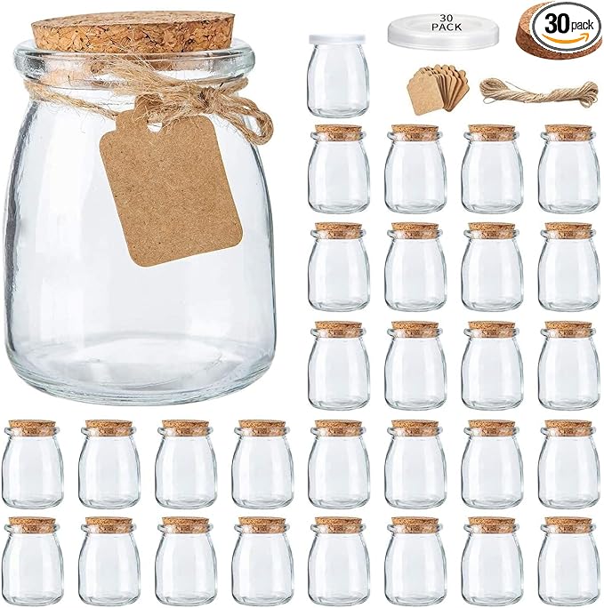 Mini Yogurt Jars 30 Pack, 7 oz Glass Favor Jars with Cork Lids, Pudding Containers with Lids, Mason Jar Wedding Favors Honey Pot with Label Tags and String