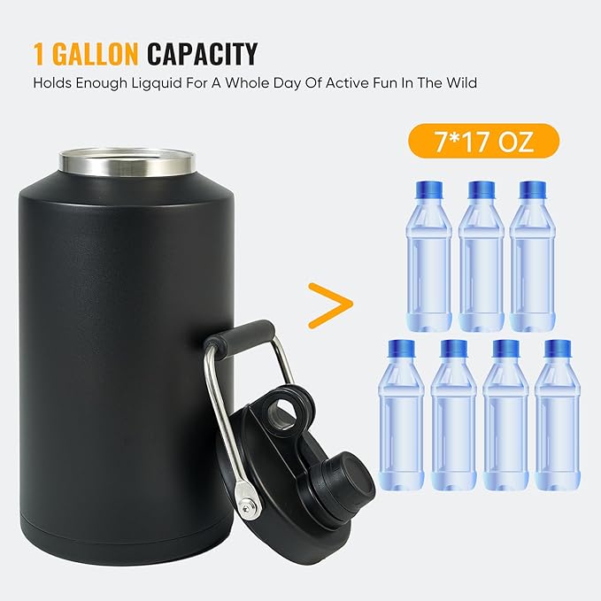 Kerilyn Insulated Gallon Jug with Handle, One Gallon, 128oz Stainless Steel, Large Double Vacuum Water Bottle for Hot & Cold Drinks, Wide Mouth, Sweat Proof, Great for Travel, Camping, Black