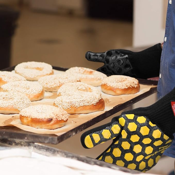 J H Heat Resistant Oven Glove:EN407 Certified 932 °F, 2 Layers Silicone Coating, Oven Mitts for Cooking, Kitchen, Fireplace,Camping, Grilling (Black/Yellow, Extra Long Cuff)