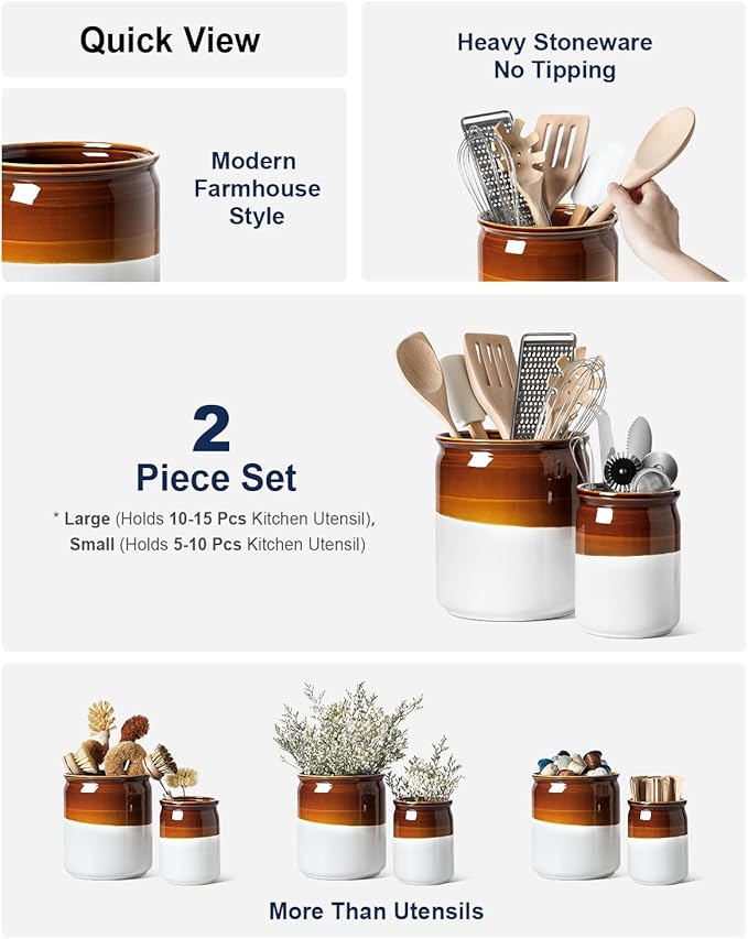 LE TAUCI Kitchen Utensil Holder, 7.2" & 5.4" Ceramic Utensil Crock for Countertop, Large Heavy Weighted Spatula Organizer, Rustic Farmhouse Decor, Vintage Two-Tone Glaze, Set of 2, Brown & White