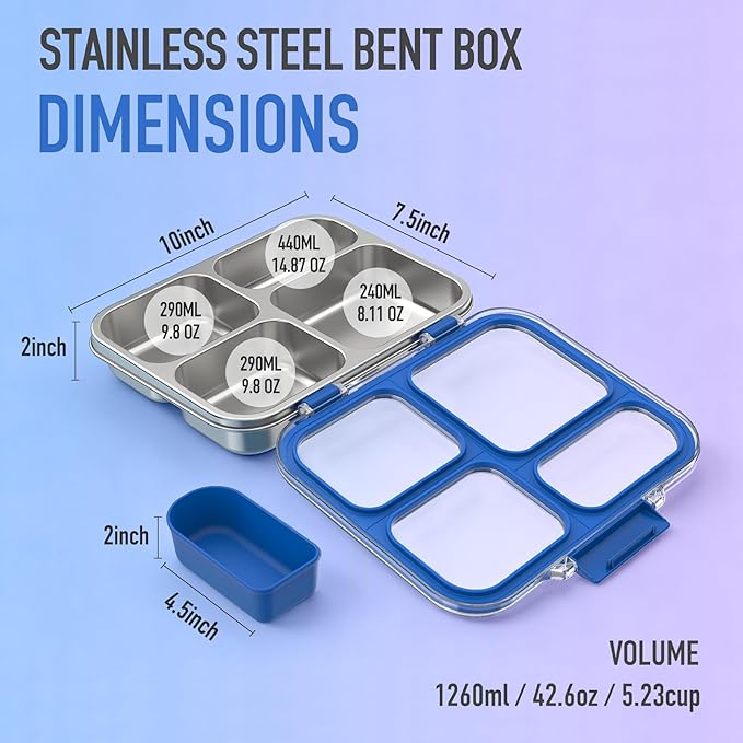 Stainless Steel Bento Box for Kids with Silicone Container, 4 Compartment Metal Lunch Box Kids Adults, Removable Silicone Seal & Clear Lid, Leak Proof Food Storage Container for Meal(Blue)