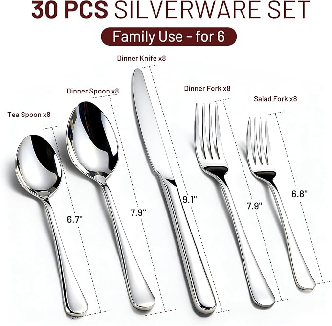 KIKCOIN 30 Pack Silverware Set for 6, Food-Grade Stainless Steel Flatware Set, Heavy Duty Mirror Polished Cutlery Utensils Set with Knives Spoons and Forks Set for Home Kitchen Restaurant Wedding