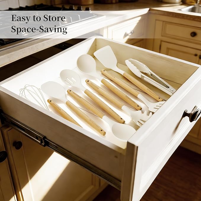 Silicone 10 Pcs Kitchen Cooking Utensils Set, Recycled Materials Certification, BPA Free Spatula Set with Heat Resistant Wood Handles for Nonstick Cookware, Cream White