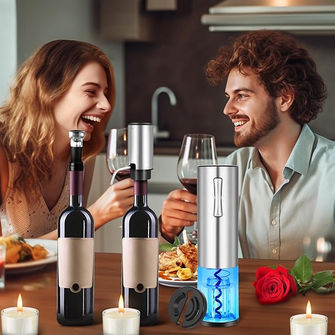 VIDYSUFYR Electric Wine Opener with Electric Decanter and Aerator, Rechargeable Electric Wine Bottle Opener, Stainless Steel Wine Accessories with Foil Cutter, Electric Aerator, Vaccum Stopper