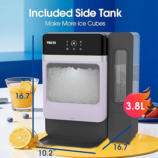 VECYS Nugget Ice Maker, 33LBS/Day Countertop Ice Machine, Self-Cleaning Portable Pellet Ice Maker with Stainless Steel Trim, 3.8L Side Water Tank, Chewable Sonic Ice for Home, Office, Bar