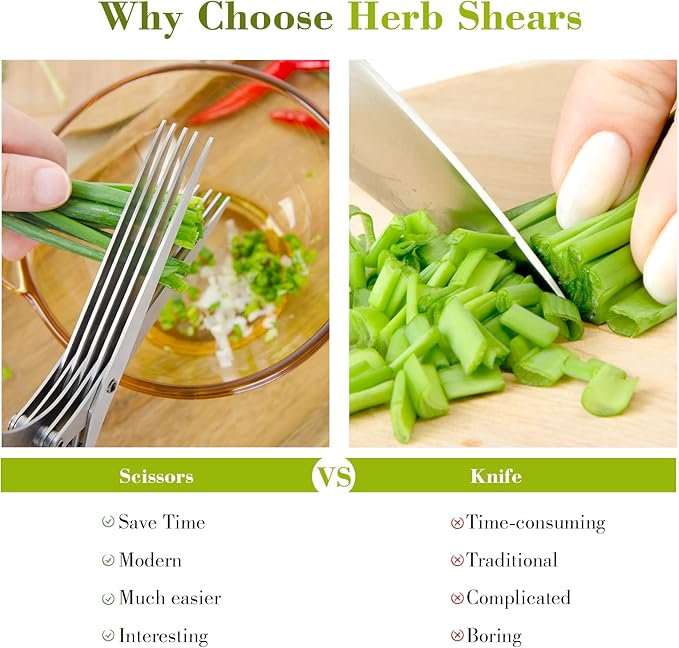Styleonme Scissors Herb, Sharp Heavy Scissors for Cutting, Chopping and Cooking Fresh Garden Herbs, 5 Stainless Steel Blades and Covers, Vanilla Cutter Chopper Kitchen Gadgets
