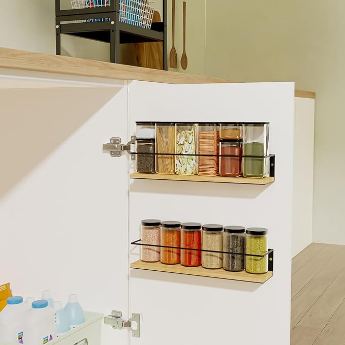 Spice Rack, Self-Adhesive or drilling, Rustic Style Hanging Spice Rack, Spice Organization for Cabinet Door or Wall Mount, Over The Stove, Kitchen Wall, 2-Pack, Wood Color