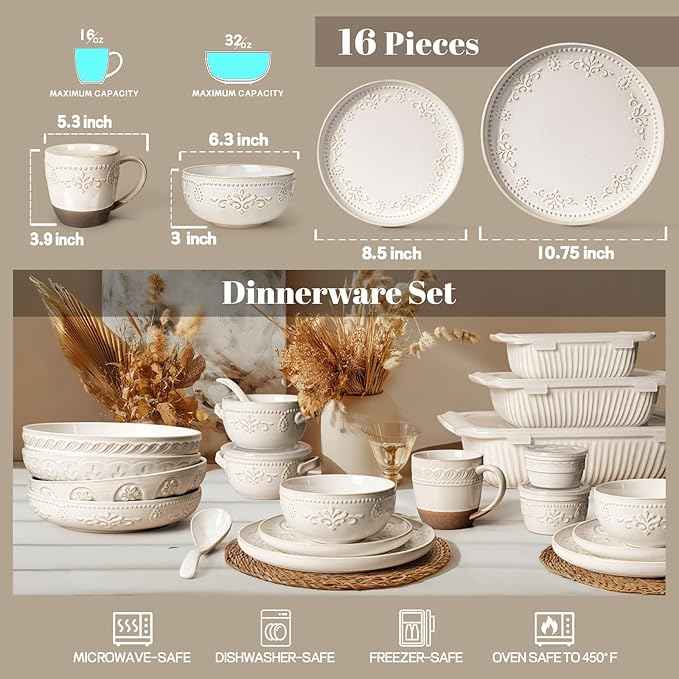 Artena Plates And Bowls Sets, 16 Pieces Dinnerware Sets, Dish Set For 4, Ceramic Kitchen Bowl And Plate Set, Embossed White Dishware Sets, Dishwasher & Microwave Safe (Damask Floral) (With Mugs)