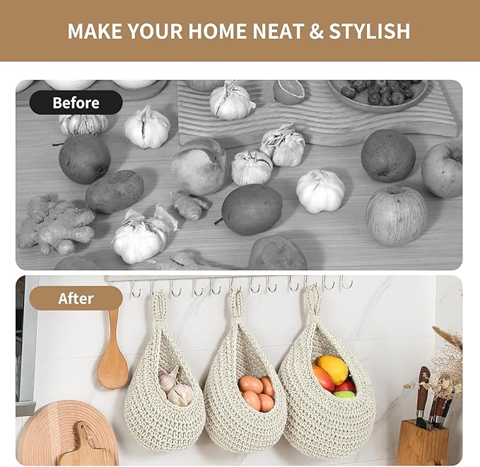 Boho Wall Hanging Fruit Baskets for Kitchen 3 Pack Woven Produce Holder with 6 Pcs Strong Hooks Vegetable Hanging Basket for Organizing Teardrop Home Wall Potato Onion Storage, White