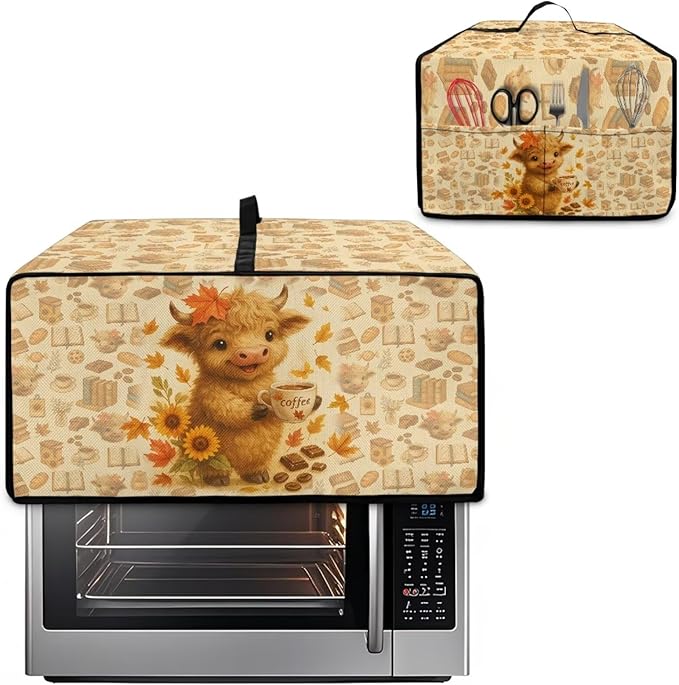 Toaster Oven Dust Cover Dustproof Convection Microwave Ovens Cover Stain-resistant Small Countertop Appliance Protector, M, Highland Cow Coffee Sunflower Fall Decor