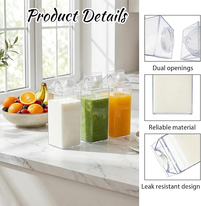 3 Pcs 64 Oz Large Clear Milk Carton Container with Brushes Labels and Pen Square Plastic Milk Water Bottle for Outdoor Camping or Climbing Tour