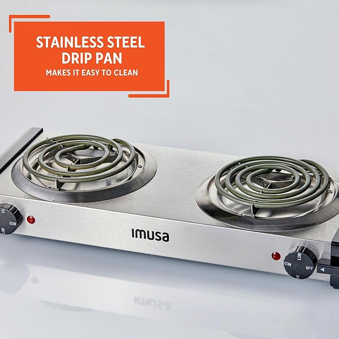 Imusa USA GAU-80312US Electric Double Burner 1750-Watts, Stainless Steel, Silver
