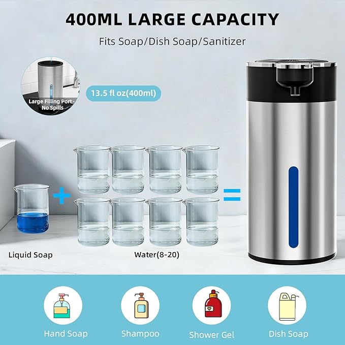 Automatic Foaming Soap Dispenser Touchless, Clog-Free Pump, 0.2s Fast Sensor, USB-C Rechargeable &13.5 oz/400ml Rechargeable, 4 Adjustable Liquid Levels, IPX5 Waterproof,Level Display