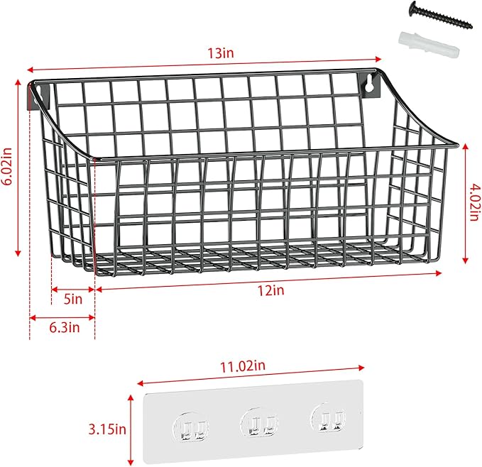 2 Pack Wall Hanging Baskets for Organizing, Large Metal Wire Basket with 5 Hooks+2 Strong Long Adhesive Hooks,Kitchen Hanging Mesh Organizer, Wall Mounted Bin for Kitchen, Bathroom, Bedroom,SUV,Garage