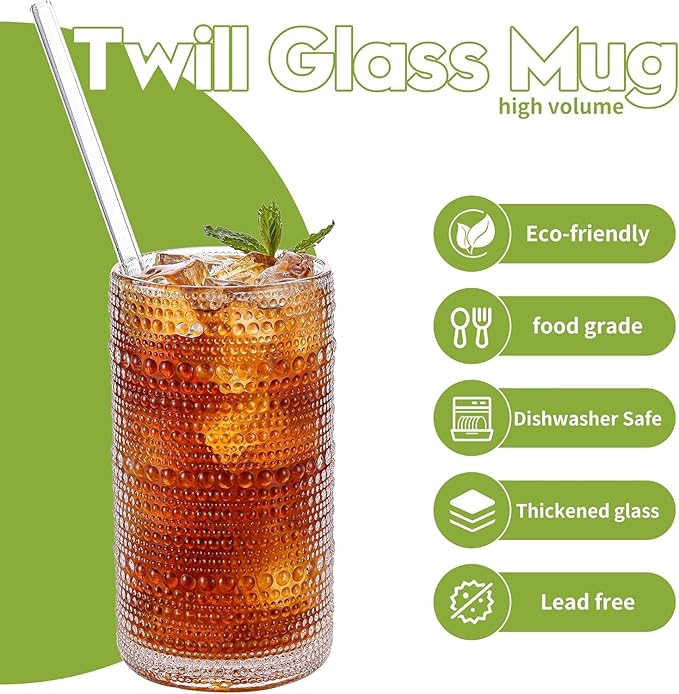 16oz Clear Hobnail Drinking Glasses with Straws Set of 12, Highball Glasses Cups, Kitchen Water Glasses Cup, for Cocktail, Juice, Whiskey, Milk and Various Mixed Drinks