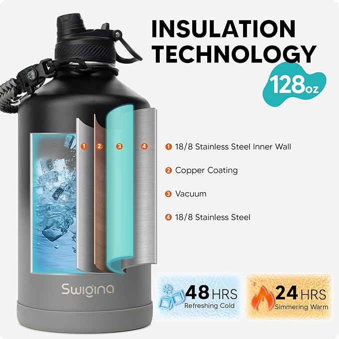 Swigina [2-IN-1 LID] Gallon Insulated Water Bottle with Silicone Boot (48hrs Cold/24hrs Hot) - DIY Stickers, Leakproof, BPA Free, 128 oz