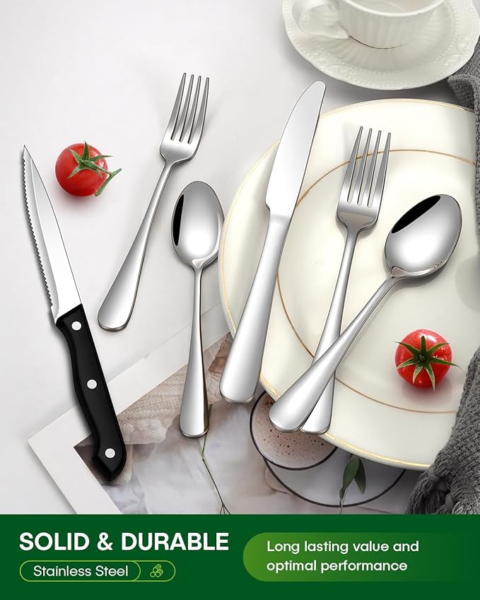 PHILIPALA Silverware Set, 48-Piece Flatware Set with Steak Knives for 8, Stainless Steel Mirror Cutlery Include Forks Spoons and Knives Set, Dishwasher Safe Utensils Set for Home Restaurant
