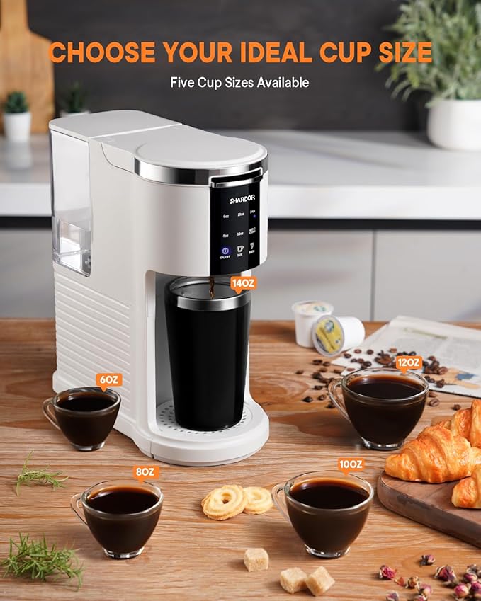 SHARDOR 3 in 1 Coffee Maker, K Cup Coffee Maker Compatible with Ground Coffee & Teas, Single Serve Coffee Machine, 6–14oz Brew Sizes, 40oz Detachable Water Reservoir, Descale Settings, White