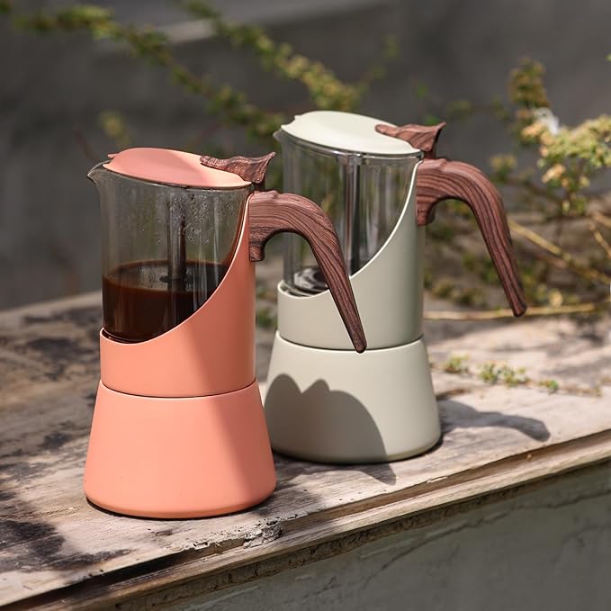 Glass Moka Pot for Stovetop & Induction - Italian Espresso Maker with Wood Handle & Leak-Proof Design - Comes with Induction Heat Diffuser Plate (6 Cup, 240ml)