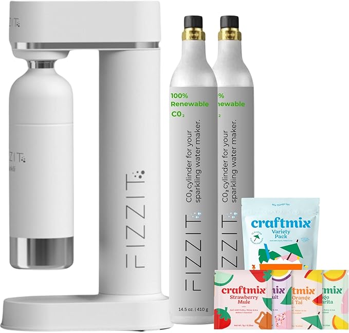 Fizzit Stainless Steel Sparkling Water Maker Bundle | Includes Soda Maker, 2 CO2 Cylinder, & 12-Flavor Variety Pack | Customizable Carbonated Water Machine, Reusable bottle & Eco-Friendly