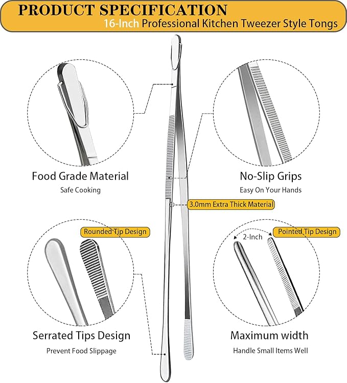 JETKONG 16-Inch Kitchen Tweezers Fine Tweezer Tongs Extra-Long Stainless Steel Cooking Tweezers (Point-Tips)