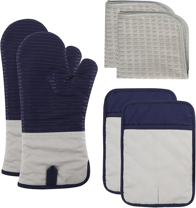 COOK WITH COLOR Silicone Oven Mitts- Heat Resistant Gloves with Soft Quilted Lining Oven Mitt Pot Holders for Cooking and BBQ, Navy, Material Mitt Set