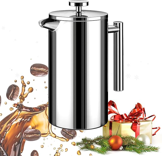 Large French Press Coffee Maker 50oz (1.5L), 304 Stainless Steel Double Wall Insulated Coffee Press for Camping, Backpacking, Party, Travel, Gift Set, Dishwasher Safe (Silver, 6-8 Cups)