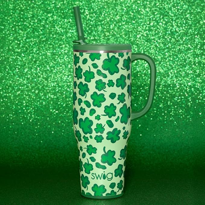 Swig Life 40oz Leak Proof Mega Mug, 40oz Leak Proof Tumbler with Handle and Straw, Extra Large Insulated Tumblers, Cup Holder Friendly Travel Mug, Reusable Leakproof Water Bottle (Lucky Leopard)