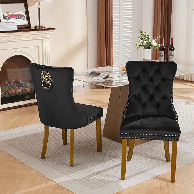 Velvet Dining Chairs Set of 2, Modern Tufted Dining Room Chair, Upholstered Dining Chairs with Lion Head Pulls Ring and Golden Solid Wood Legs, Luxury Kitchen Chairs for Dining Room, Black