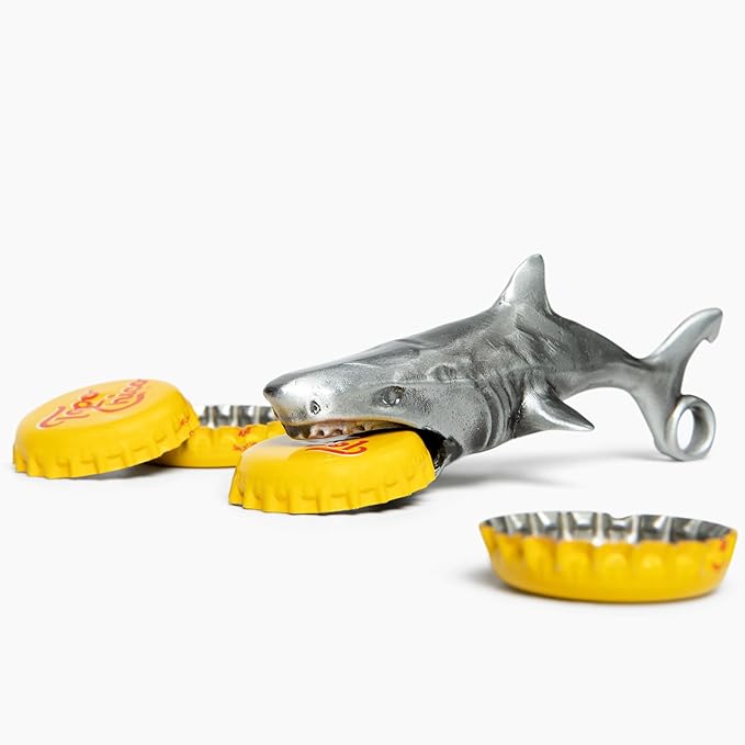 Great White Shark Bottle Opener - Heavy Duty Beer & Soda Cap Opener - Unique Ocean Theme Bar Tool - Fun Beach House Kitchen Gadget Gift (Antique Silver)