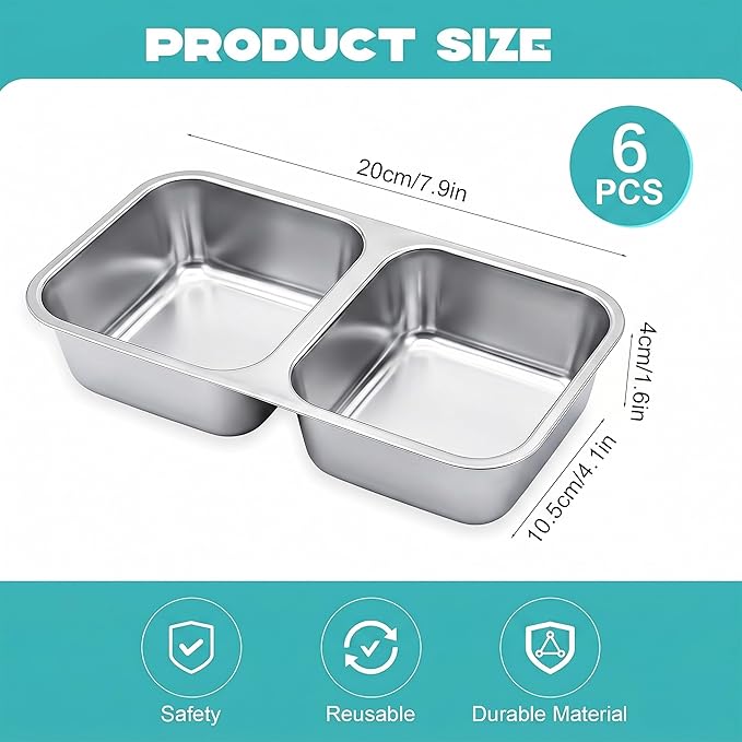6 Pack Stainless Steel Snack Containers, 2 Compartment Reusable Metal Snack Boxes Containers with Leak-Proof Lids, Compact Lunch Box Food Storage Container