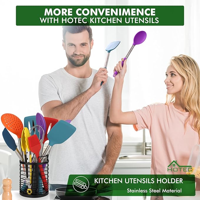 HOTEC 446°F Heat Resistant Silicone Kitchen Utensils, Cooking Utensil Set, Spatula Set, BPA Free, Kitchen Gadgets, Utensils Holder, Dishwasher Safe, 14pcs Multicolor