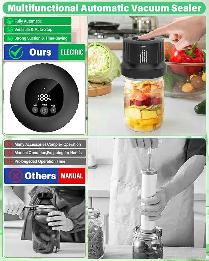 Mason Jar Vacuum Sealer Kit-Fully-Automatic-Canning-Jar-Sealer-Vacuum-Sealing,2025 Upgraded Electric Vacuum Sealer for Wide&Regular Mouth Mason Jars/Canning &Sous Vide Bag/Jar Sealer Machine for Food