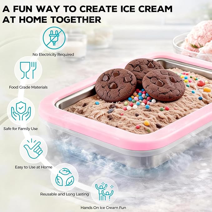 Rolled Ice Cream Maker with Quick Start Guide - DIY Instant Ice Cream Tray Kit, Includes 2 Scrapers for Manual Homemade Ice Cream Rolls, Frozen Yogurt, Sorbets & Slushies, No Electricity Needed（pink）