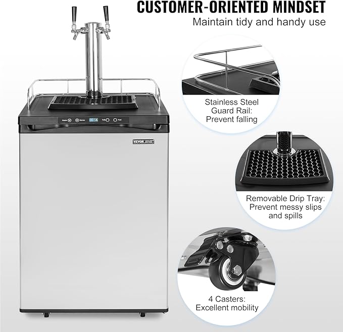 VEVOR Beer Kegerator, Dual Tap Draft Beer Dispenser, Full Size Keg Refrigerator With Shelf, CO2 Tank(No Gas), Drip Tray & Rail, 23°F- 82.4°F Temperature Control, 162L, Silver