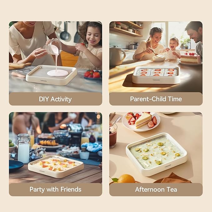 Rolled Ice Cream Maker, Felizbebe Instant Ice Cream Roller Tray with Lid and 2 Spatulas, Food Grade Premium Stainless Steel Cold Plate No-electricity for Fun Family Activities, DIY Parent-Child Time