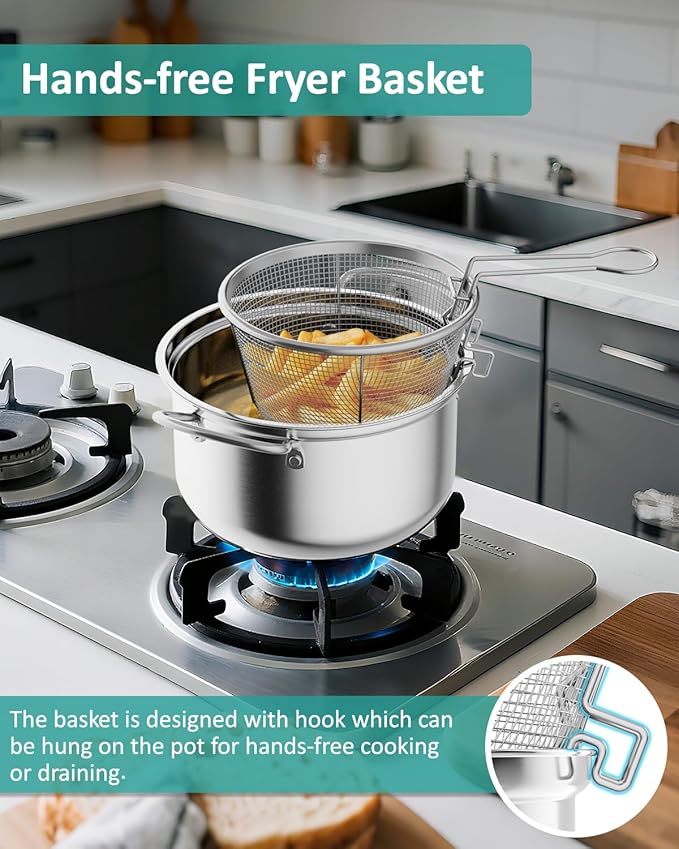 OPENICE Deep Fryer Pot with Basket, Stainless Steel Frying Pot with Basket Lid and Oil Strainer for Stove Top Frying, Boiling, 4.25qt Small Fryer Pot for 1-3 Peoples