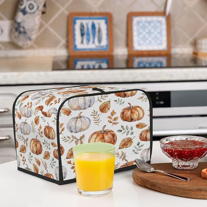 2 Slice Toaster Cover,Thanksgiving Watercolor Pumpkin Art Small Kitchen Appliance Bread Machine Cover with Pockets,Dust & Fingerprint Protection